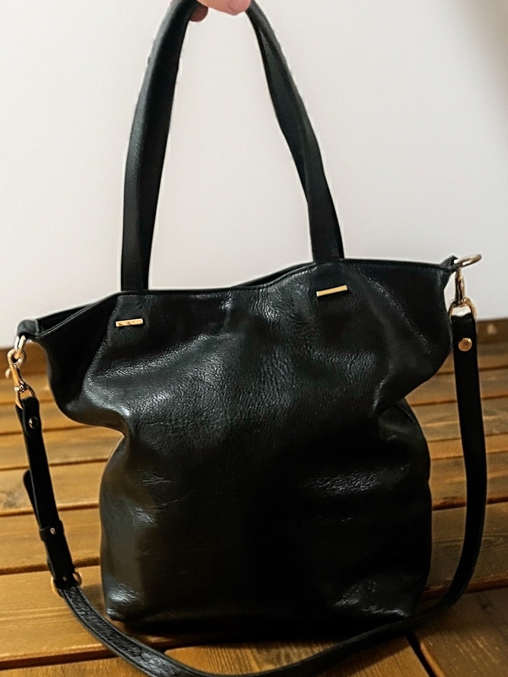 Classic Black Shoulder Tote Bag with Gold Accents